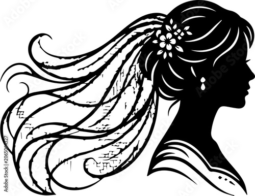 Elegant Bride Profile with Flowing Wedding Veil, Minimal Line Art Illustration, Bridal Fashion Icon