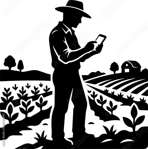 Farmer Planting Crops in Agricultural Field, Farming and Agriculture Silhouette Icon Illustration