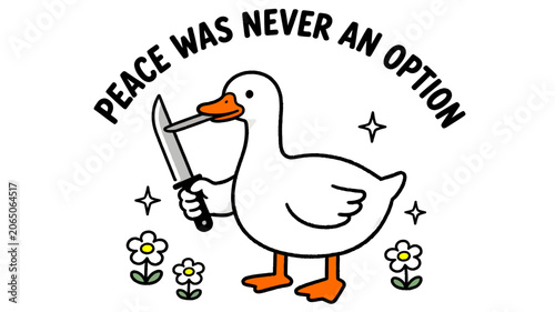 Angry Goose Holding a Knife with Flowers and Humorous Text Minimalist Illustration
