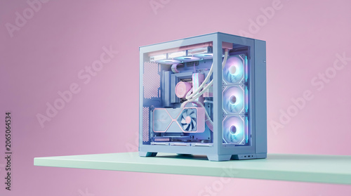 Aesthetic mid tower computer case with glowing cyan RGB case fans, custom water cooling system, graphic card visible through glass side panel, pastel color theme, 3D render.