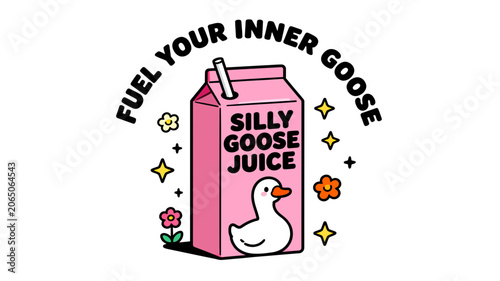 Whimsical Cartoon Milk Carton Illustration Featuring a Cute Goose Character with Playful Decorative Flower and Sparkle Accents