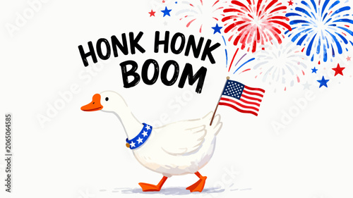 Whimsical goose illustration celebrating Independence Day with an American flag and festive colorful fireworks display against a clean white background
