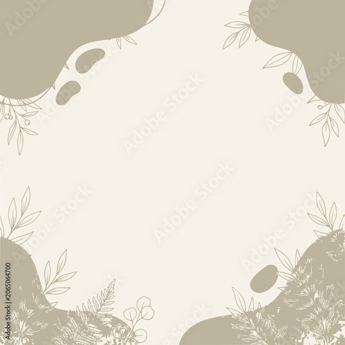 Neutral Boho Floral Abstract Background with Organic Shapes and Leaves