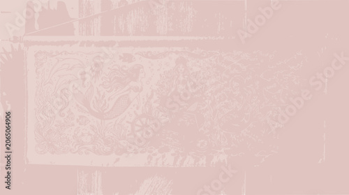 Vintage Nautical Illustration with Mermaid and Shipwreck Elements, Pink Tones