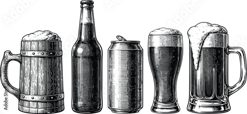Vintage beer beverage collection, mug bottle can and glass engraving style vector illustration set