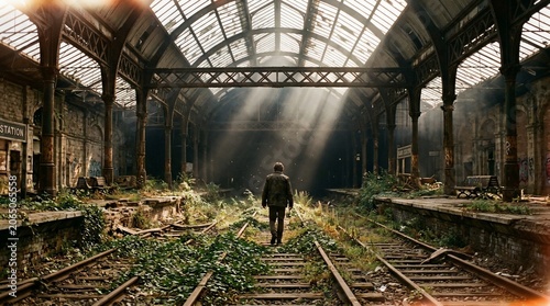 Lone man walking along abandoned overgrown railway station tracks at dawn