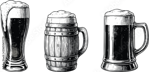 Vintage beer mug collection, frothy lager glass engraving style beverage vector illustration set design
