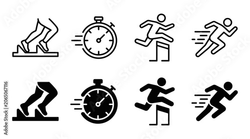 Running and athletics sprint vector icon set with stopwatches and hurdlers athletics stopwatch competition exercise