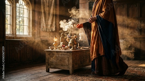 Person in monastic robes lighting incense sticks in a rustic stone room