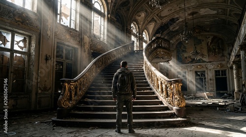 Person views ornate, decaying staircase in sunlit, ruined grand hall, exploring an abandoned, forgotten mansion with dramatic light rays.