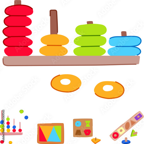 Φωτογραφία Colorful wooden educational toys, including a ring stacker, an abacus, and shape