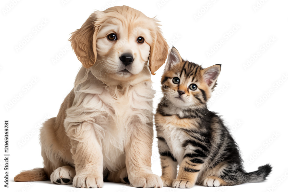 Fototapeta premium High Resolution Studio Photograph of Golden Retriever Puppy and Orange Tabby Kitten Together