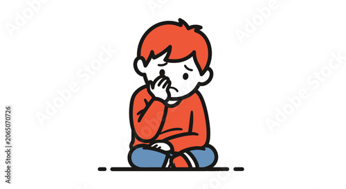 Photos Sad young boy sitting and thinking with hand on chin
