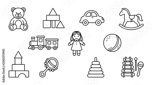 Minimalist baby toy icon set, outline vector collection of nursery play objects, black and white children's toy illustrations for coloring or web design