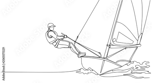 Sailboat racing, single line drawing, sailor on dinghy, windsurfing, sea sport, active lifestyle, summer vacation
