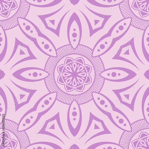 Seamless purple mandala vector pattern with floral and geometric elements, ornamental circular design in soft lilac tones. Pink color. Decorative ornamental vector mandala color background.