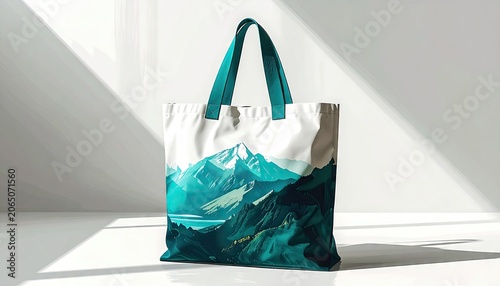 The tote bag features a scenic mountain landscape design, incorporating shades of teal and white, with a simplistic and contemporary style.