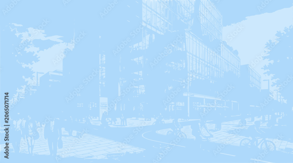 Fototapeta premium Urban Scene with People and Buildings in Light Blue Tone