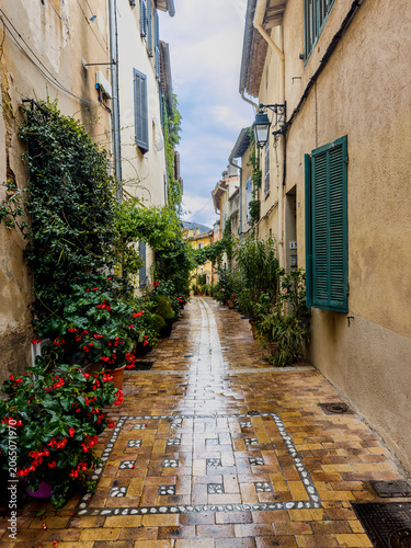 Streets of the old town of Cassis in the south of France on a rainy summer day.