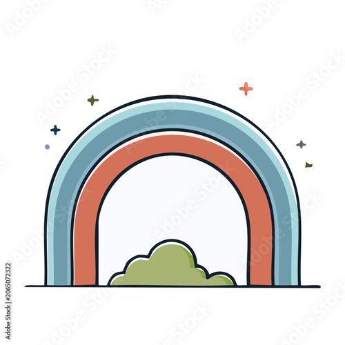 Colorful rainbow arch with bush and stars illustration