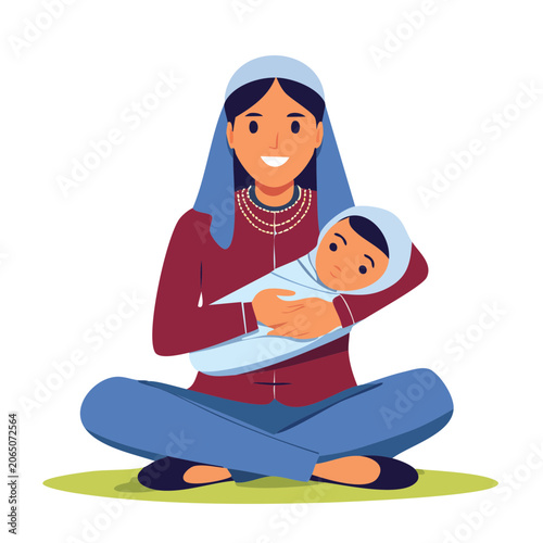 Mother holding baby in flat vector style