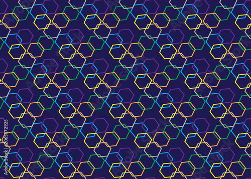 Colorful Hexagonal Seamless Pattern on Purple Textured Background Abstract Geometric Wallpaper.