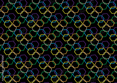 Colorful Interlocking Hexagon Seamless Pattern on Black Background Abstract Geometric Texture