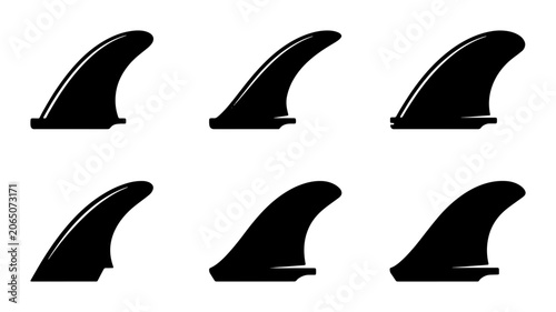 Konstfotografi Set of Six Black Surfboard Fins, Surfing Equipment Icons, Water Sports Accessori