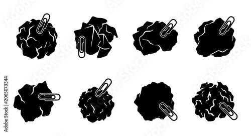 Fotografie Crumpled Paper Ball Icons, Black Silhouette Vector Set, Office Supplies, Creativ