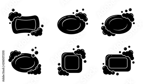 Fotografie Black Soap Icons Set, Bubbles and Lather Vector Graphics, Hygiene and Cleaning S