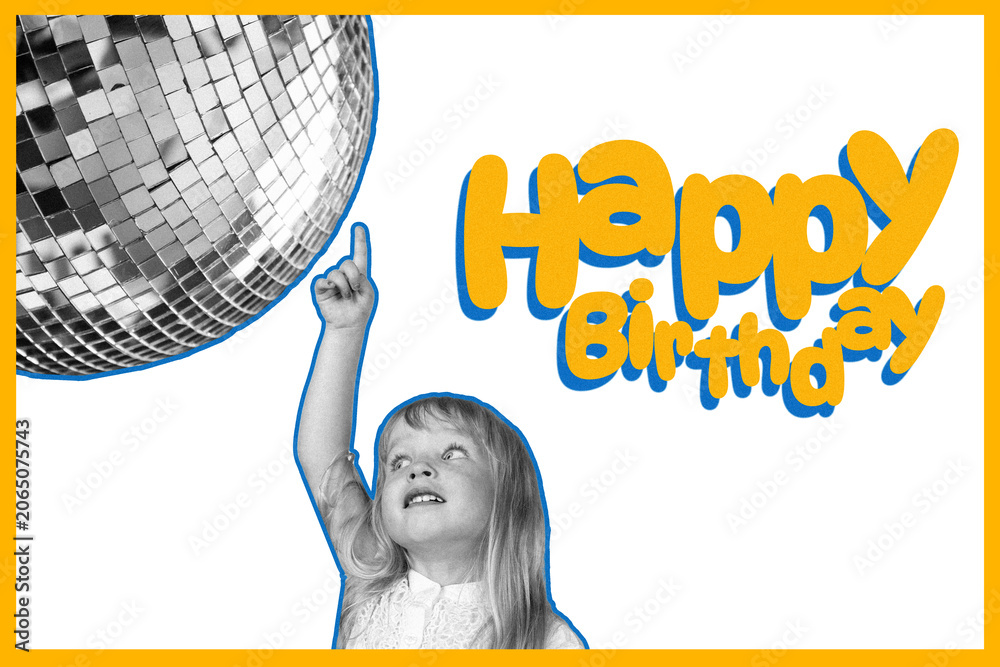 Fototapeta premium Celebration of a happy birthday with a child pointing at a disco ball in a festive setting