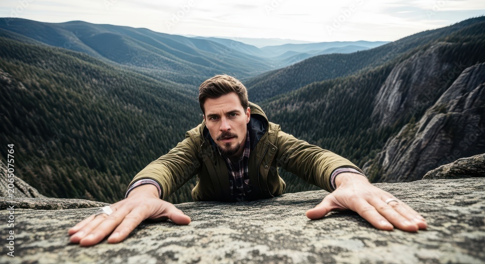 Obraz premium Adventurous Man Hanging from a Rocky Cliff Edge with Scenic Mountain Valley Background and Forest Landscape