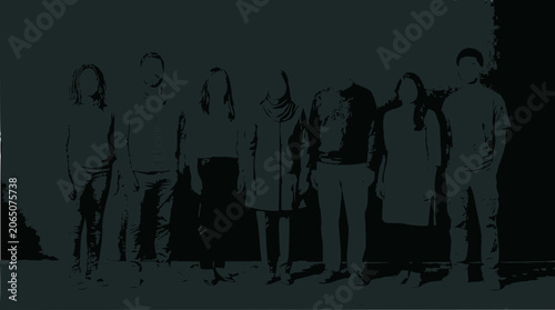 Diverse Group Silhouettes Standing Together Against Dark Background
