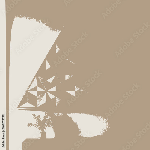 Geometric Pattern Abstract Sculpture with Plant Silhouette, Beige and Tan Minimalist Art