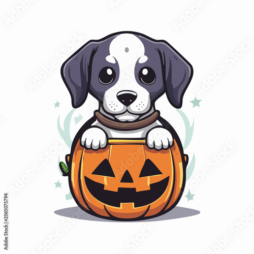 Cute cartoon dog peeking out of a Halloween pumpkin