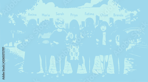 Diverse group of women standing together outdoors, city background, unity, friendship
