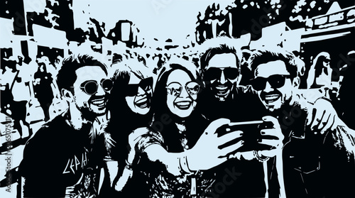 Happy friends taking a selfie at a street festival, laughing and enjoying the moment.