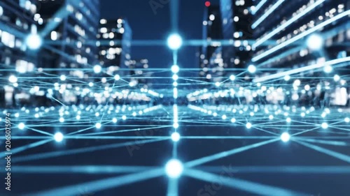Digital network connections in a futuristic smart city at night