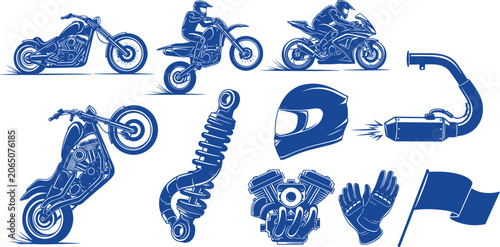 Fotografie Motorcycle racing and biker accessories silhouette vector set with blue shapes o