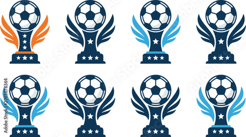 Canvastavla Soccer trophy vector logo set featuring football championship awards with wings, stars, and tournament rewards isolated on a clean white background