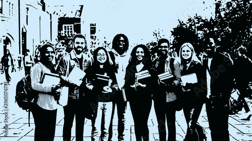 Diverse Student Group Smiling Outdoors with Books and Backpacks