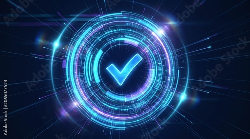 Futuristic glowing blue checkmark symbolizing success, verification, and accuracy within a digital interface