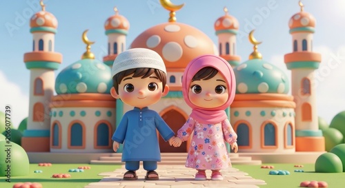 Cartoon Muslim boy and girl in front of mosque