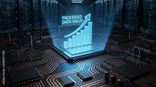Futuristic Big Data Analytics Visualization showing Processed Data Value growth in a Digital Server Room environment