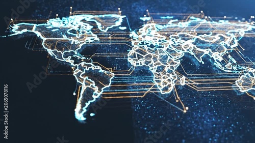 Digital world map showing global network and data connections