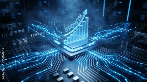 Digital Business Growth Concept with Glowing Circuit Board and Abstract Data Flow, Symbolizing Technological Advancement, Economic Progress, and Innovation