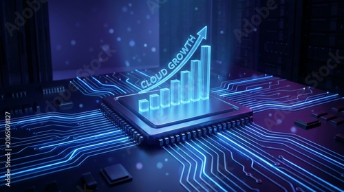 Futuristic Cloud Computing Growth Concept with 3D Bar Chart on a Glowing Processor Chip and Digital Circuit Board