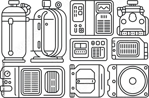 Detailed Technical Appliance Sketches on White Background Line Art Illustration