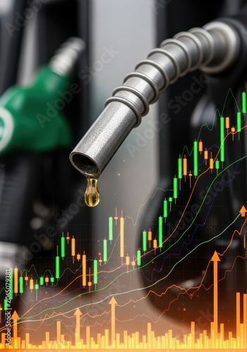 Fuel Pump Nozzle with Dripping Oil and Rising Stock Market Chart Representing Increasing Energy Costs and Inflation