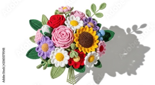 Crocheted mixed flower bouquet with large sunflower.